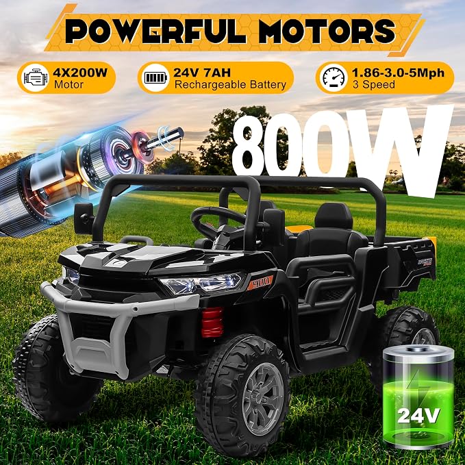 24V 4WD Ride on Car Dump Truck w/4X200W Motor, 2 Seaters, Gift Flower, 2.4G Remote Control, Bluetooth Music, LED Light, 24 Volt Ride on Toy Cars for Big Kids, Black