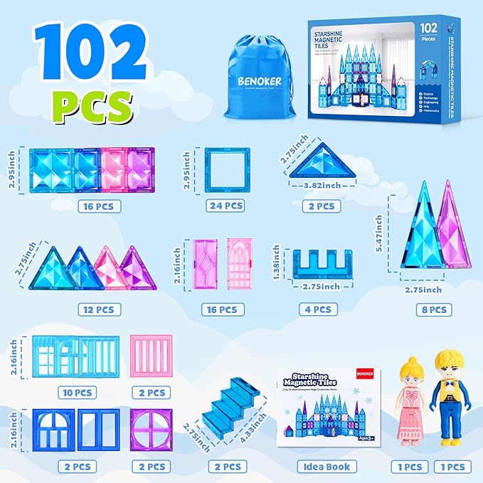 BENOKER Castle Magnetic Tiles, 3D Building Blocks STEM Educational Kids Toys for Pretend Play, 3 4 5 6 7 8 Year Old Birthday Gifts for Boys and Girls, Preschool Learning Toys for Christmas
