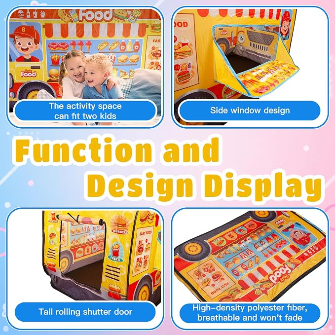 Pop Up Play Tent for Kids, Foldable Playhouse for Aged 3-5 Years Old Boys and Girls, Fast Food Truck, Hamburger Hot Dog Cart Indoor Outdoor Toy Tents for 4 5 6 3+ Kids Toddlers