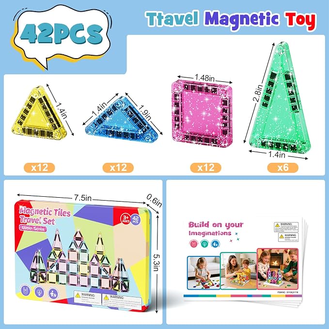 42 Pcs Mini Travel Glitter Magnetic Tiles Magnetic Block Set with Storage Box - STEM Educational Sensory Preschool Building Toy for Toddlers, Ideal Kids Gifts for Ages 2 3 4 5 6