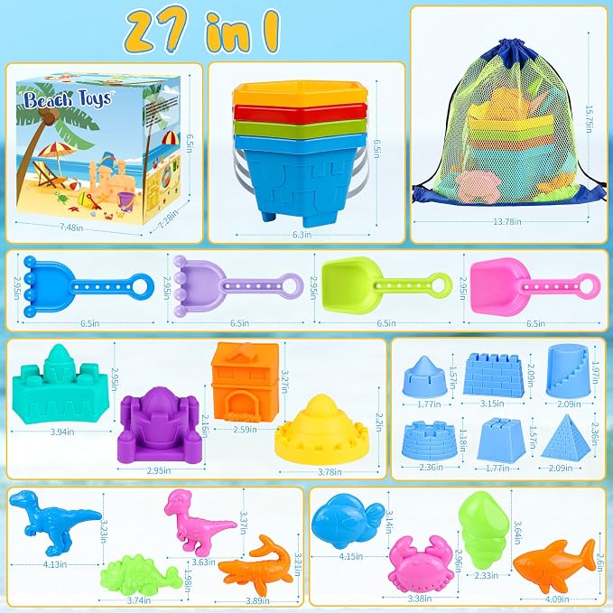 HUUIDY Beach Toys for Kids, Sand Toys with 4 Sand Buckets and Shovels for Kids, Sand Castle Building Kit with Mesh Bag & Molds, Travel Beach Essentials Sandbox Toys for Toddlers Boys Girls Age 4-12