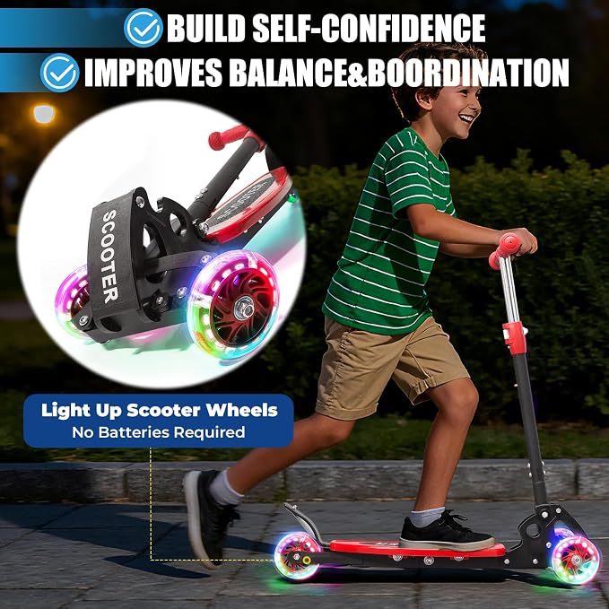 3 Wheel Scooter for Kids Ages 3-12, LED Light-Up Kids Kick Scooter–Portable Foldable, Adjustable Height, Durable Metal Construction, 6" Extra Wide Deck for Outdoor Activities,Child Safety Certified
