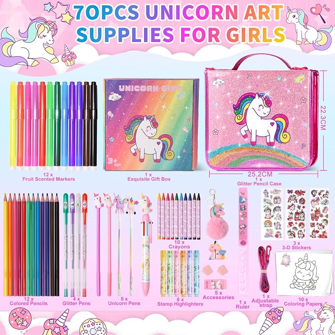 70Pcs Fruit Scented Markers Set - Kawaii Art Supplies with Unicorn Pencil Case, Coloring Set for Kids Include Marker, Pencil, Crayon, Pen, Eraser, Sticker, Unicorn Drawing Kit Birthday Gift for Girls