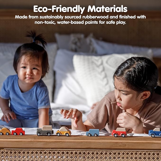 PlanToys® Yellow Car Wooden Montessori Vehicle Toy | Early Movement, Imagination and Practical Life Exploration | Eco Friendly Car for Indoor and Outdoor Play