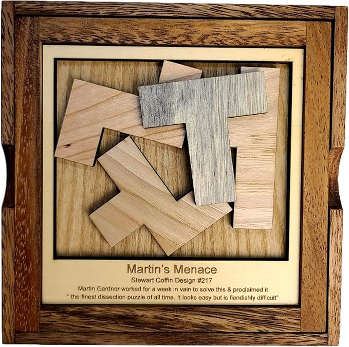 Creative Crafthouse Martin's Menace Large Stewart Coffin Wood Puzzle | Design number 217. Four packing pieces in a 6 inch square that look easy and are not. A tough desk gift, made in USA