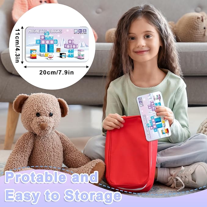 QOUBAI 45PCS Mini Magnetic Blocks Travel Toys, Magnet Building Cubes Tiles Set with Portable Iron Case, Learning Activities Gifts for Kids Toddlers Boys & Girls Ages 3-8 (Ice World)