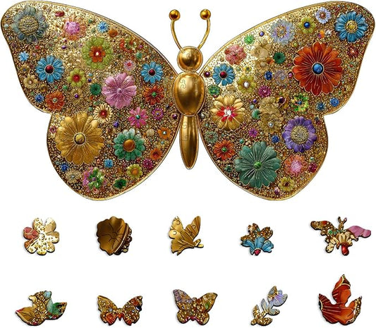 Mocfesk Wooden Puzzles for Adults, Golden Butterfly Puzzles, Unique Shaped Jigsaw Puzzles for Adults and Kids, Birthday Gifts Fun Family Game 21.3 x 11.4 in