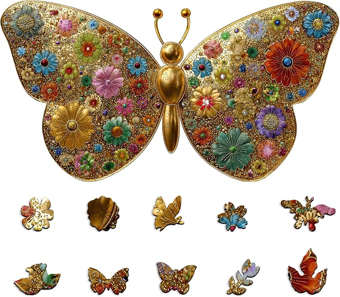 Mocfesk Wooden Puzzles for Adults, Golden Butterfly Puzzles, Unique Shaped Jigsaw Puzzles for Adults and Kids, Birthday Gifts Fun Family Game 13.8 x 7.4 in
