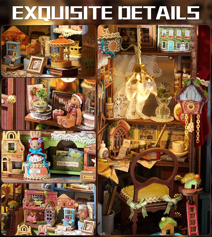 Spilay DIY Miniature House Kit for Adults, Miniature Dollhouse Kit | With Warm Light & Furniture, Wooden Craft Building Set for Bookshelf Decor, Home Display & Creative Gifts for DIY Lovers