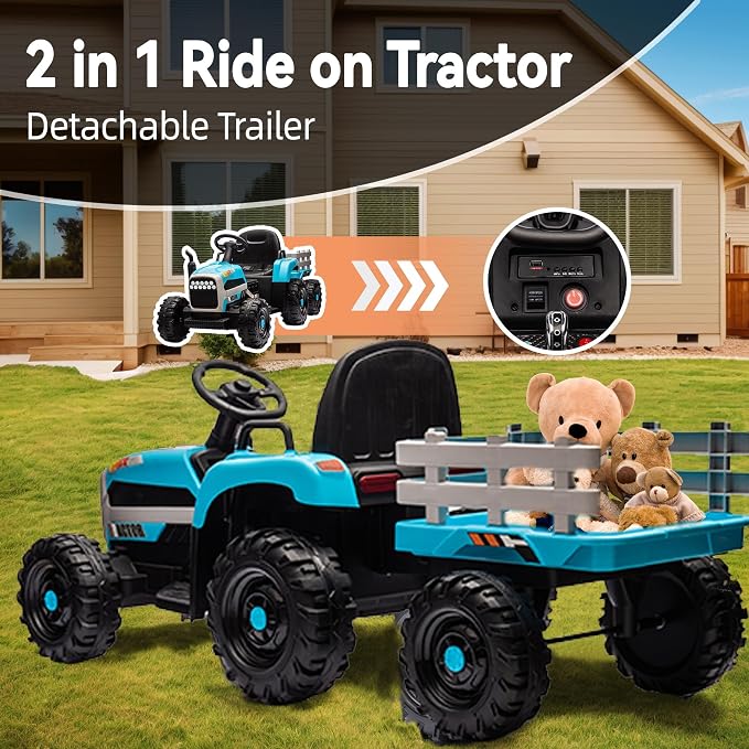 24V Ride on Tractor with Trailer, 400W Electric Car for Kids, Toddler Ride On Toy W/Remote Control, 3 Speed Adjustable, MP3, Bluetooth, LED Light, Blue