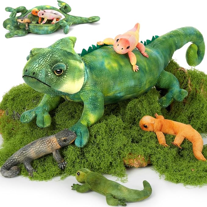 MorisMos Plush Lizard Stuffed Animals, 27'' Giant Mommy Chameleon Stuffed Animal with 4 Baby Lizard Toys for Kid Girl Boy, Realistic Large Iguana Mom, Cute Gecko Toys Gift for Kid Birthday Christmas