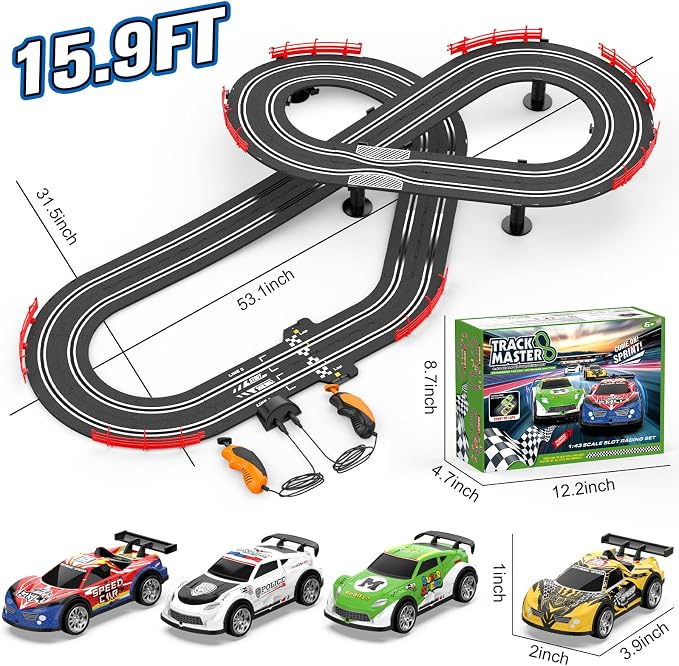 3-in-1 Slot Car Race Track Sets with 4 High-Speed Cars, Electric Track, Dual Racing Game with Lap Counter & 2 Controllers, and Circular Overpass Design – Toy Gift for Boys Kids Ages 4-6 6-8 8-12