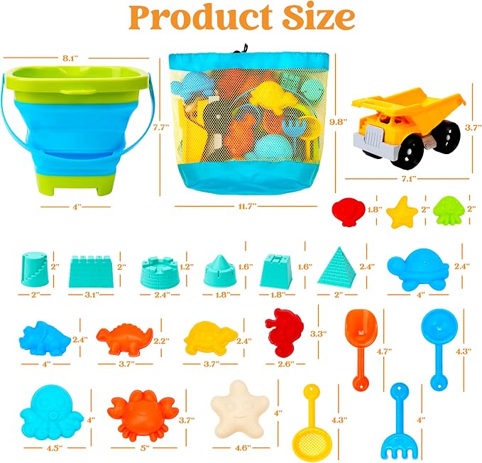 Sloosh Beach Sand Toys Set - Dump Truck Car Toy with Sand Molds for Toddlers Outdoor Play, Collapsible Foldable Buckets Mesh Bag Shovels Castle Animal Mold Sets, Kids Ages Sandbox Toys (Animals)