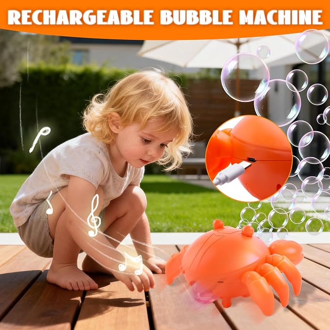 Crab Bubble Machine for Kids,Interactive Crawling Crab with LEDs & Music, USB-C Rechargeable,Automatic Bubble Blower for Toddlers, Perfect for Kids Ages 3-15, Outdoor, Garden, Parties, Birthdays