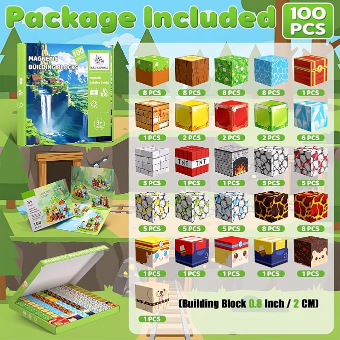 Magnetic Blocks, 100PCS Magnetic Building Blocks, Stacking Magnetic for Kids, Sensory Toy for STEM Constructions Magnetic Blocks for Boys Girls Age 3+, Holiday Birthday Gifts