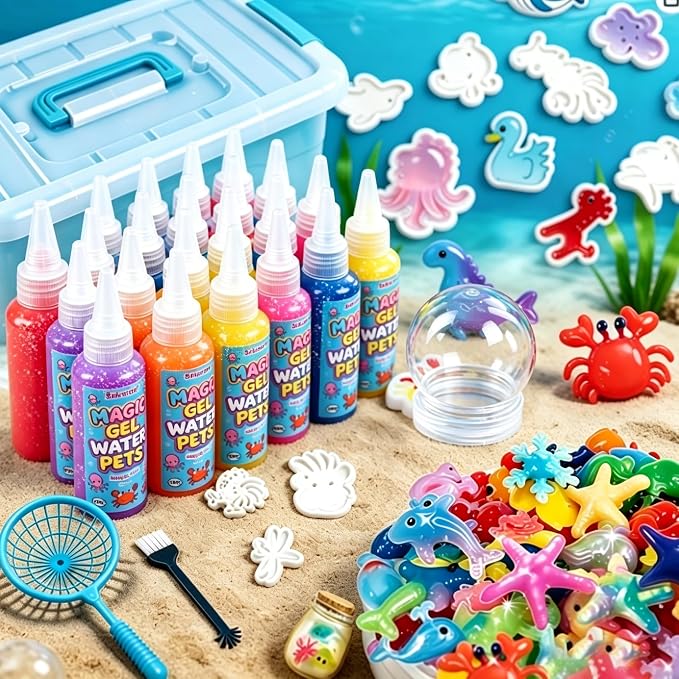 Glittering Magic Water Elf Toy Kits, Water Gel for Kids, 24 Gels 20 Molds, Squishies Squishy Toy Maker, Arts Crafts Magic Gel Water Pets Set for ages 3+ Girls Boys Toys Birthday Christmas Easter Gifts