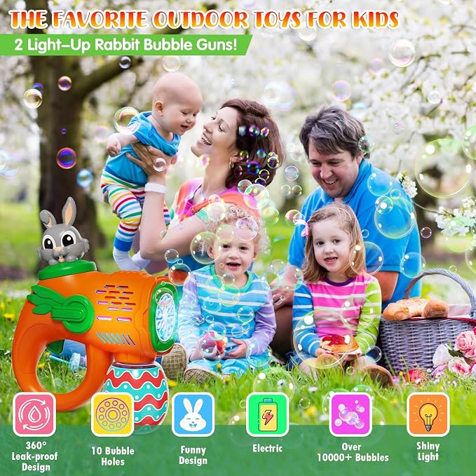 IFLOVE Bubble Guns for Kids 2 Pack, Bunny Bubble Machine Ages 3-8 Outdoor | Bunny & Easter egg design, 12 outlets blow 5,000+ bubbles; 10 solution packs; summer outdoor toy; needs 4 AA batteries