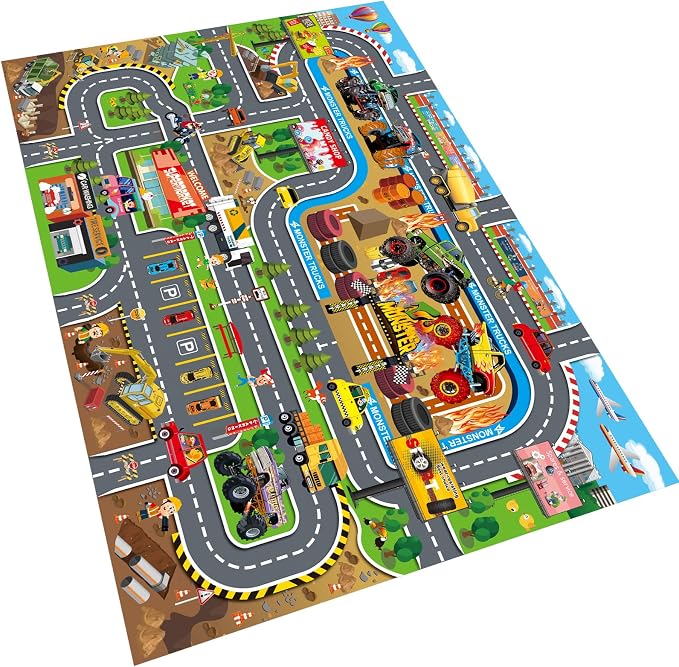 Oriate Kids Toy Dream Mat Monster Truck Activity Playmat, Multi Color Parent-Child Interaction Game Rug, Ideal Children's Educational Floor Mats for Monster Cars Construction Truck Toys 552-M