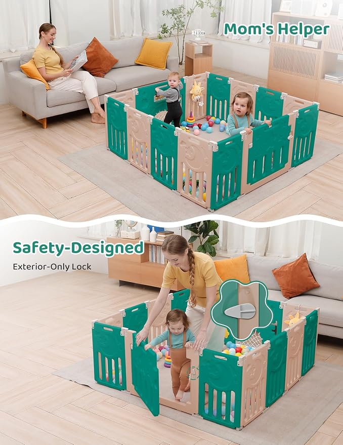 Dripex Baby Playpen, 14-Panel Foldable Playard for Toddlers 6-36 Months, Adjustable & Portable Indoor Outdoor Safety Play Area with Anti-Pinch Design, Game Panel and Safety Gate, Green Brown