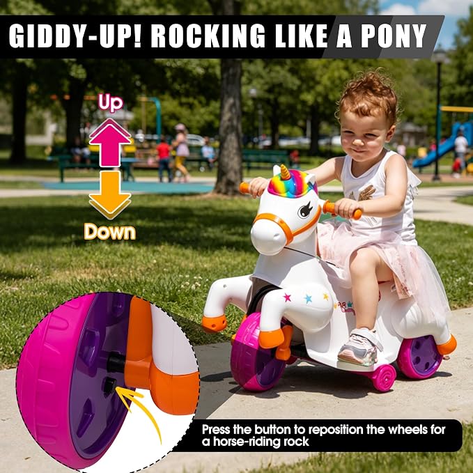 TOBBI Electric Unicorn Ride on Toy Kids Car for Toddler Ages 2-6 Battery Powered Rideable Rocking Horse Pony with Music 3 Wheeler Motorized Unicorn Riding Toys for Baby, Girls & Boys