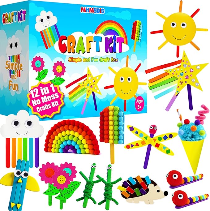 MHMYDIS First Craft Kit for Kids - 12 in 1 No Mess Creative Arts and Crafts kit for Kids Ages 4-8 - Toddler Crafts Kit Supplies - Gifts for Girls and Boys 3 4 5 6 7 8 Year Old (Rainbow)