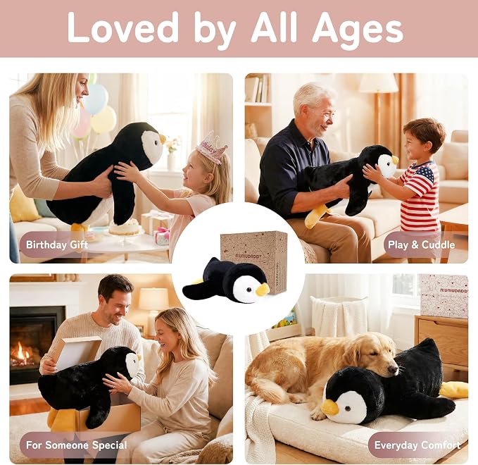 Niuniu Daddy Penguin Weighted Stuffed Animals for Kids & Adults, 25" | 5lb Large Weighted Plushies Pillow for Sleeping and Calming, Cute Lying Plush Toy Huggable Gift for Everyday Comfort