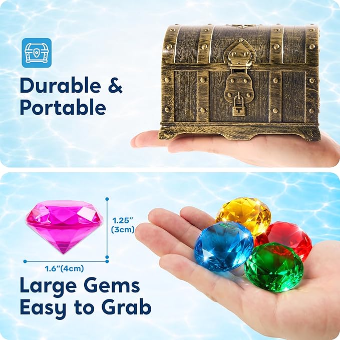 Sloosh Diving Gems Pool Toys, 16 Big Colorful Diamond with Pirate Treasure Chest,Swim Dive Toy for Kids Underwater Gemstone Swimming Training Gift Water Pool Games(Gold)