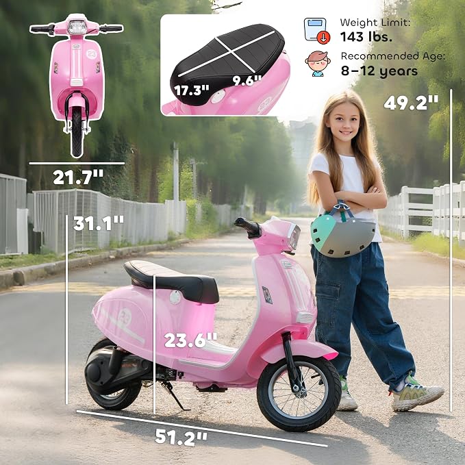 Qaba 24V Kids Motorcycle, Electric Motorcycle with 250W Motor, 3.7-9.9 mph, 7AH Batteries, 12" Inflatable Tires and Rear Suspension, Battery Powered Ride On Toy with LED Lights for 8-12 Years, Pink