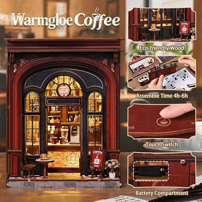 DIY Book Nook Kit, 3D Wooden Puzzle Miniature House with LED Light, Dollhouse Bookshelf Insert, Tiny House Model Building Kit, Unique Creative Gift for Adults and Teens (Warmglow Coffee)