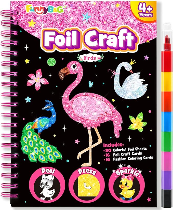FUNNYB&G Foil Art Craft Kit for Girls 4-10 Years Old: Mess-Free & No-Glue, Create 16 Sparkly Birds Pictures – Perfect Travel Toy & Birthday Gift for Kids (Birds)