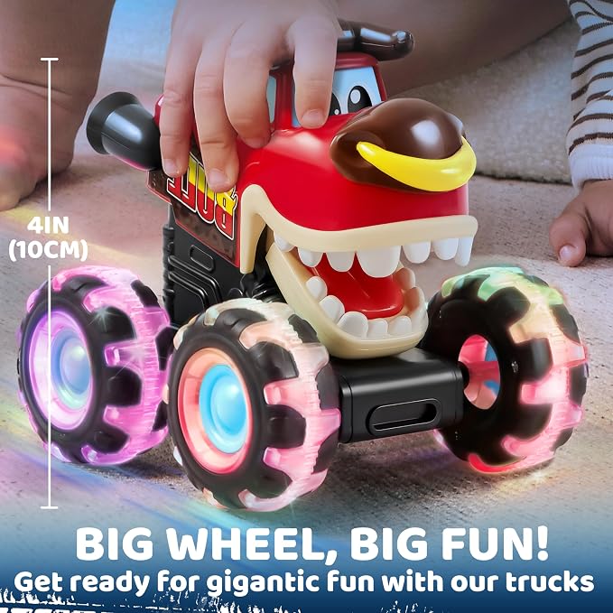 JOYIN 3 Pack Monster Truck Toy - Motion Activated Light Up Cars for Toddlers - Monster Glow Rover LED Wheels - Baby Boy Toys - Press and Go Dinosaur Trucks for Kids Boy Birthday Gifts