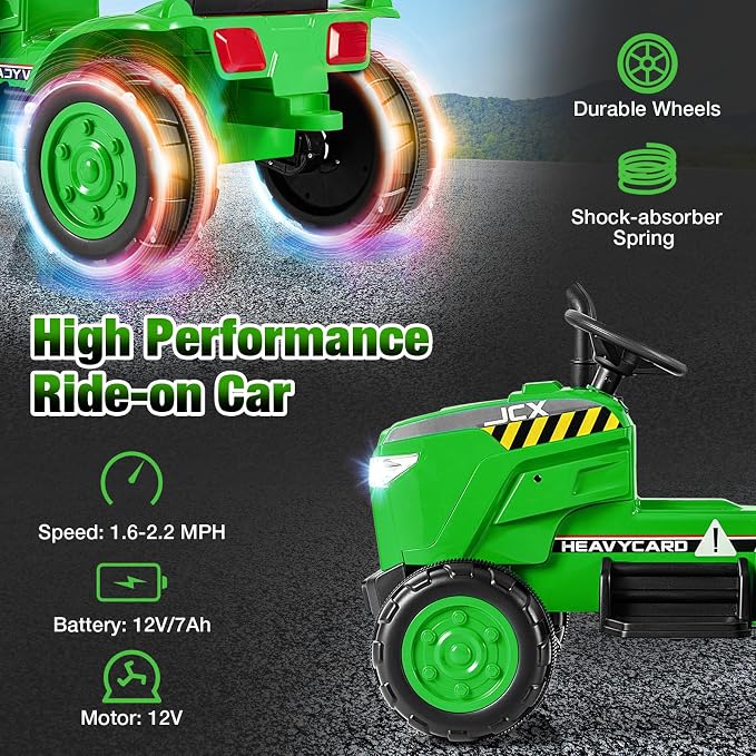 Costzon 2-in-1 Ride on Tractor, 12V Kids Ride on Car w/Detachable Trailer, Remote Control, Wireless Connection, Horn, Music/Lights/Spring Suspensions, Tractor Toys for Kids (Plastic Tires, Green)