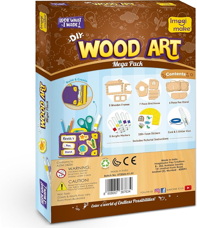 Imagimake DIY Wood Art Mega Pack | Build Wooden Bird House, 3 Photo Frames & Pen Stand | Glitter Glue | Painting Crafts for Kids | 100+ Foam Stickers | Boys & Girls Birthday Gifts Age 5,6,7,8,9