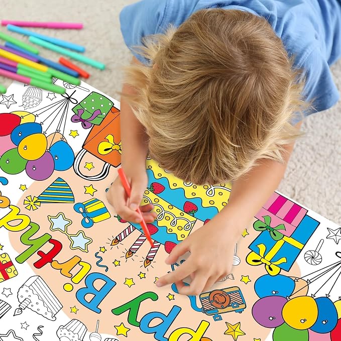 ZOIIWA Happy Birthday Coloring Poster for Kids Giant Coloring Sheet Classroom Large Big Birthday Tablecloth for Wall Jumbo Page Books Party Game Crafts Activity Supplies Decoration Favor