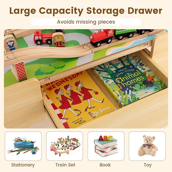 Costzon Train Table, 3-in-1 Wooden Train Set Table w/Reversible 84 PCS Track Train Toys, Table Map & Storage Drawer for Building, Playing, Studying, Kids Activity Table for Toddlers Aged 18 M+