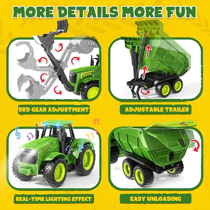 Funwee RC Farm Tractor Toy w/Light & Music, Kids Truck Toy w/Front Loader & Farm Animal, 2.4GHz RC Tractor Trailer for Boys & Girls, Toddler Vehicle Car Playset Age 3-8+ Year Old Gifts (Bright Green)