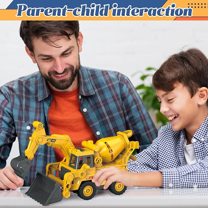 3-in-1 Construction Truck Toy, Excavator & Bulldozer & Cement Mixer, Working Digger Arm, Front Push Blade & Rotating Mixing Drum, Inertia-Powered Push-and-Go, Sandbox Vehicle for Boys Girls Age 3+