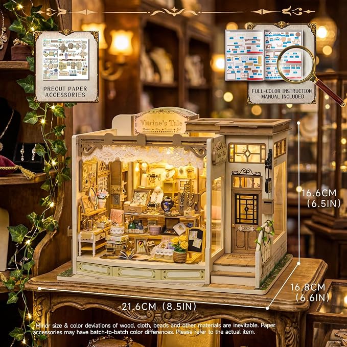 fifijoy DIY Miniature Dollhouse Kit - Jewelry Shop DIY Miniature House Kit for Adults and Teens, 3D Wooden Puzzle Tiny House Model with LED Light, Unique Gift for Family, Friends (Vitrine’s Tale)