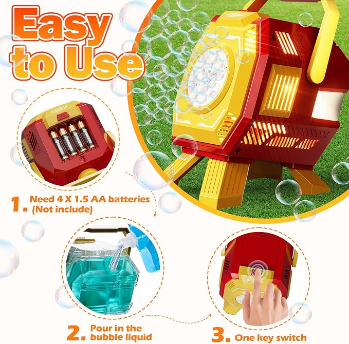 Belemar Bubble Machine for Kids with Lights, 6 Big Bubble Holes, Up to 15,000 Bubbles/Min, 320ml Large Tank, Battery Operated Portable Bubble Blower for Toddlers, Birthday Parties & Outdoor Fun