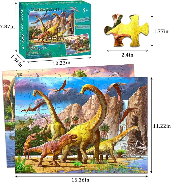 RANSUNN Dinosaur Puzzles for Kids Ages 6-8 4-6 Year Old - World of Huge Dinosaurs,2 Packs 60 Pieces Jigsaw Puzzle for Toddler Children Learning Educational Puzzles Toys for Boys and Girls.