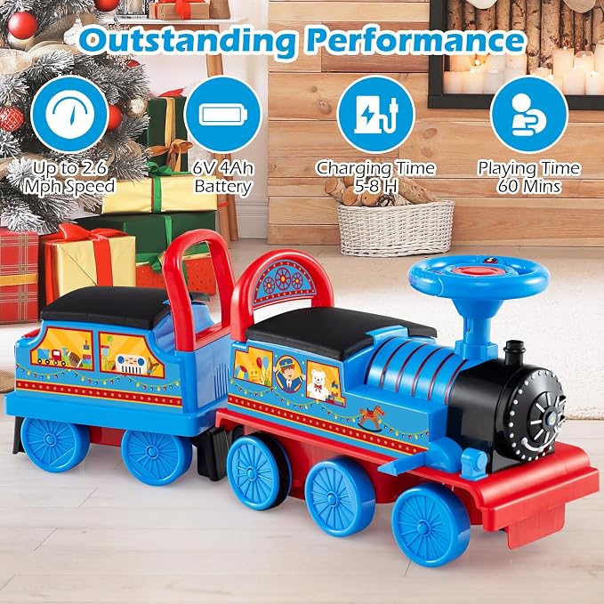 OLAKIDS 6V 2-Seater Ride on Train with Carriage, Storage, Train Whistle, Music, Lights for 18 Months+ (2 Seaters, Circus)