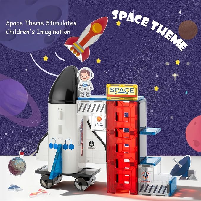 VROGTIK Magnetic Tiles 30 PCS Space STEM Building Blocks Set, Rocket Ship & Space Station Magnetic Construction Toy with Astronaut Figure, Educational Toy for Kids Ages 3-8