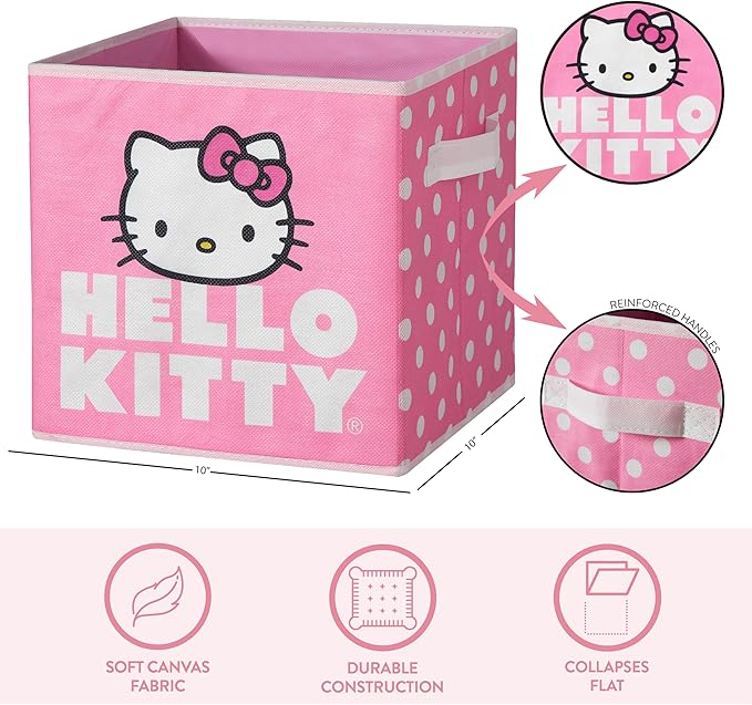 Hello Kitty Set of 2 Storage Cubes with Handles, Durable Foldable Fabric Organizer Bins for Bedroom, Closet, Nursery & Dorm, 10x10x10 Inch Cube Storage Baskets for Toys, Clothes & Shelves