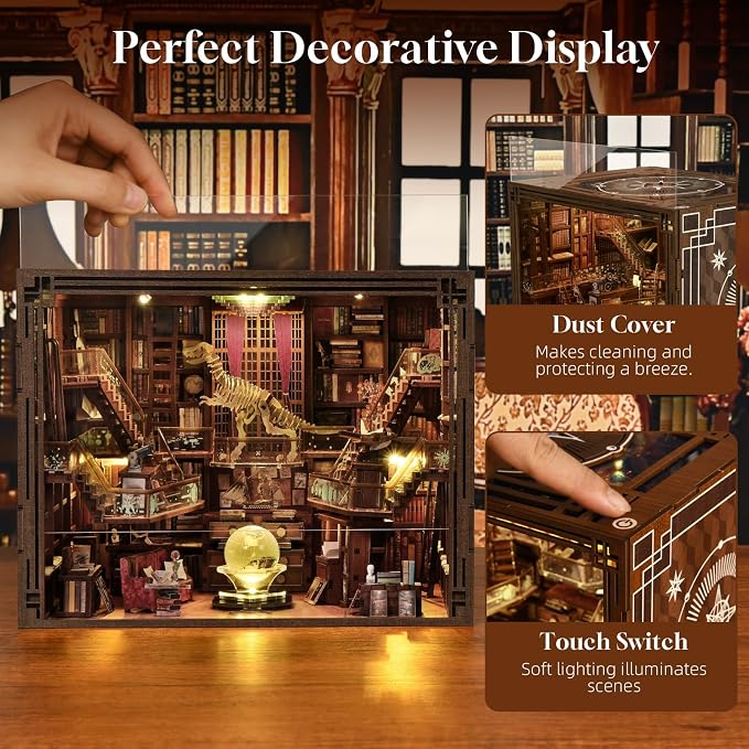 MiniCity DIY Book Nook Kit for Adults, 3D Wooden Puzzle Bookend Bookshelf Insert Decor with LED Light and Dust Cover (Beyond Library Max)