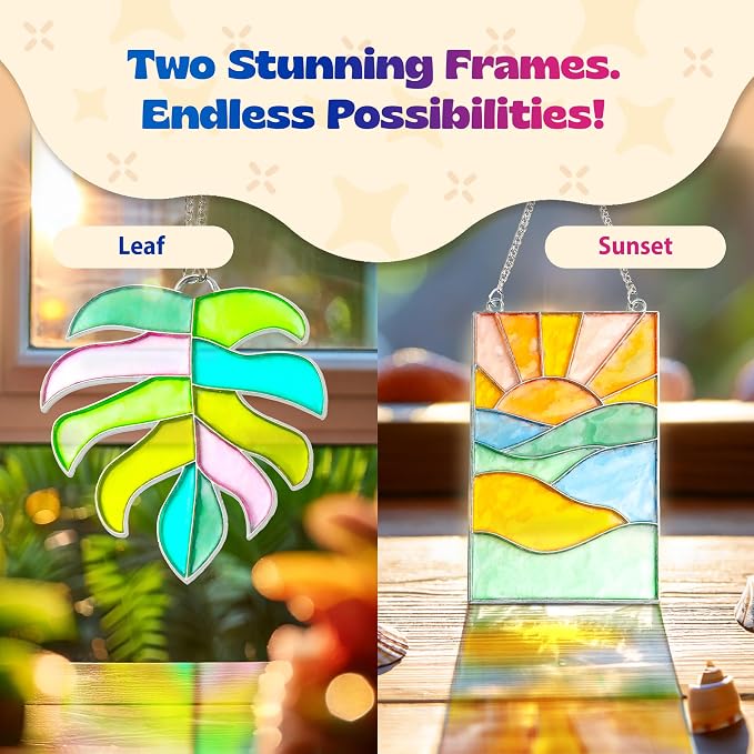 Pinwheel Crafts DIY Stained Glass Kit for Kids - Stain Glass Art Gift Set with 2 Decorative Frames, Hanging Chain, Ring and Colored Beads - Fun Windows Art Suncatcher Kit for Kids, Teens and Adults