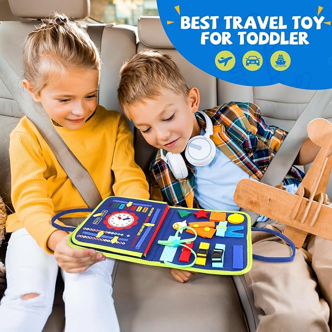 Toddler Busy Board, Montessori Sensory Toys for Boys, 1-4 Year Old Girl Toddler Travel Toys, Educational Learning Activities Board for Motor Skills, Birthday Gifts for Airplane Car, Pink