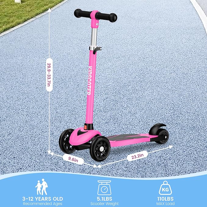 Multicolor Kids Scooter for Ages 3-12, 3 Wheel Lean to Steer Scooter with LED Light-Up Wheels, Adjustable Handlebar, Detachable Easy Storage for Boys & Girls