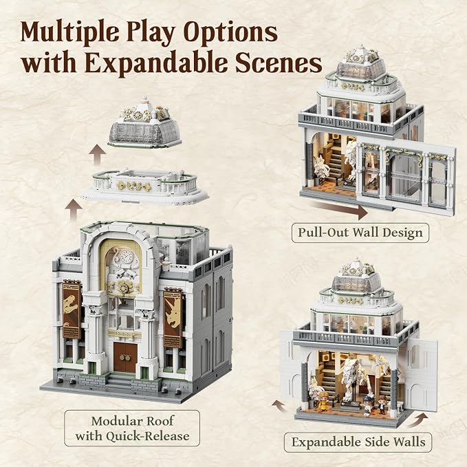 PANTASY Light Up Dinosaur Museum Building Blocks, Baroque Architecture Expandable Double Hall Model, Modular Building Set, 11 Lights, Street View Compatible Collectible Interactive Display Set
