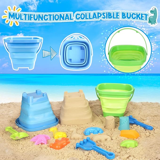 FHOZGECY Beach Sand Toys, 2 Construction Vehicles, 2 Collapsible Buckets, Sand Castle Molds with Travel Mesh Bag, Sandbox Play Set for Kids Ages 3-12, Multi‑Scene Play for Outdoor Summer Beach Games