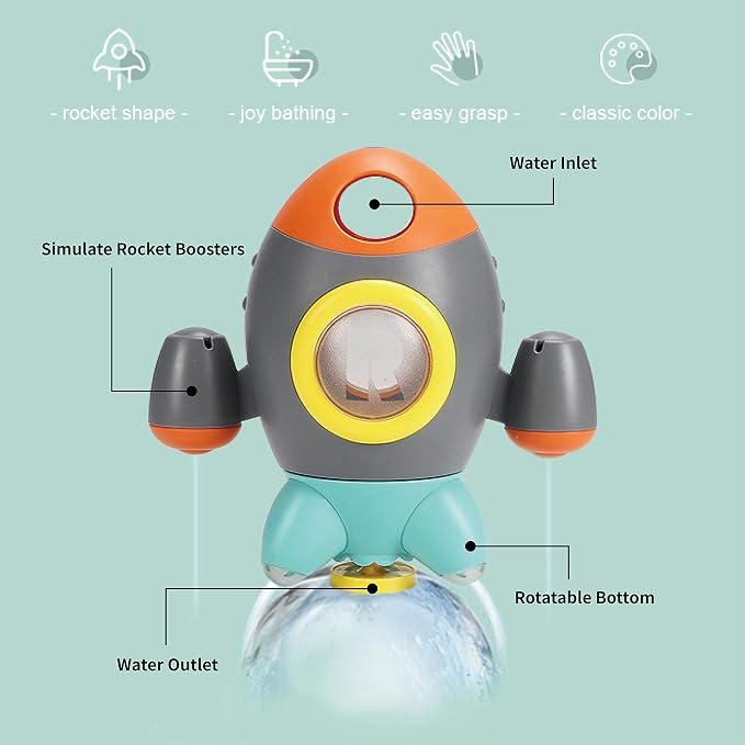Elovien Baby Bath Toys, Space Rocket Shape Bathtub Toys for Toddlers, Spray Water Toys w/ Rotating Fountain, Bathroom Shower Toys for Infants Aged 18 Months 2 3 4 5 Years Old Kids Girls Boys
